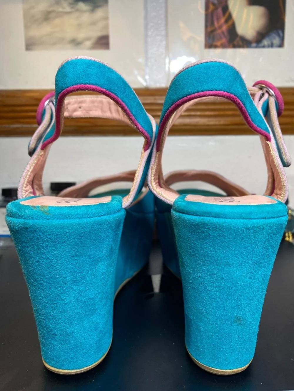 Studio Pollini Italy Turquoise Suede Colorblock Platform Wedge Sandals 38 US 8